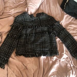 Zara Tweed black and white top with fringe